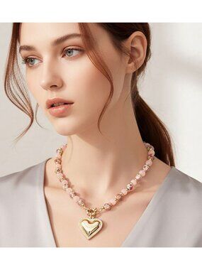 Tigerstars Pink Heart Pendant Floral Ceramic Ball Faceted Beaded Necklace